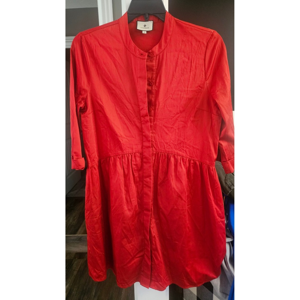 Tuckernuck Red Royal Shirt Dress Mandarin Collar Drop Waist 3/4 Sleeve Medium